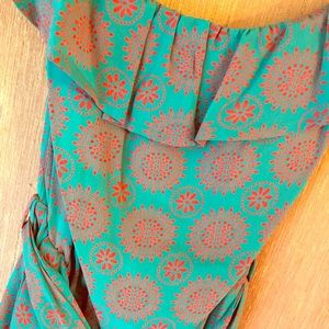 Lucy Love Jerry Hall patterned strapless dress.